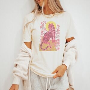 Pink Tiger Botanical Graphic Tee Bold Floral Art Design